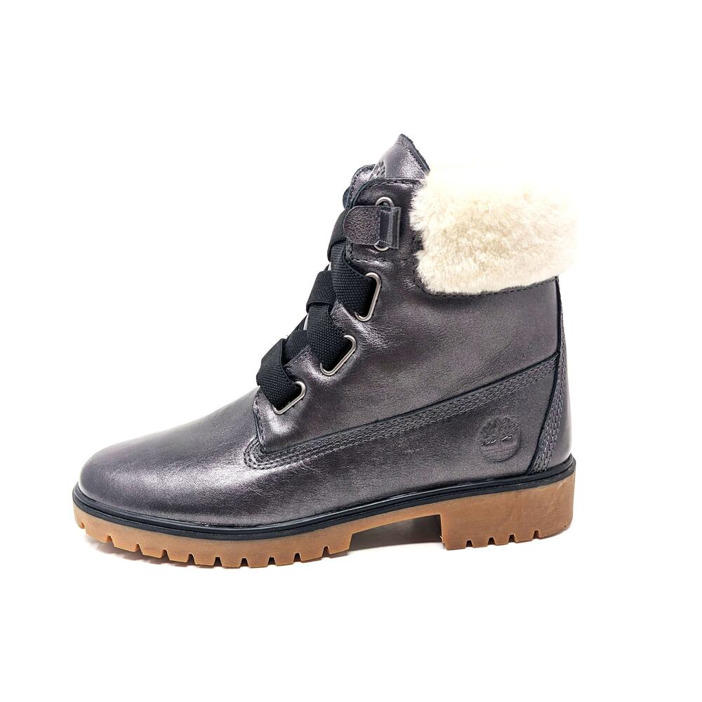 New Timberland Womens 8.5 Shoes Jayne Boots Fur Waterproof Metallic Grey Leather